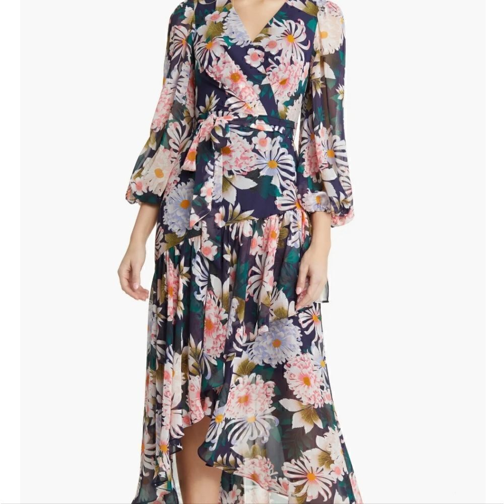 Eliza J Floral Long Sleeve High-Low Faux Wrap Size 2
